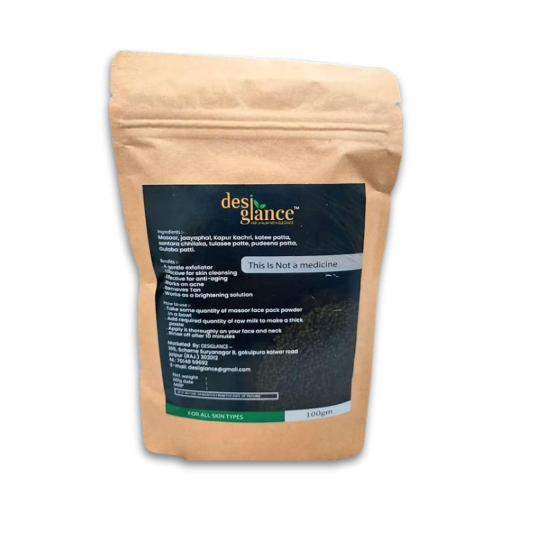 Herbal Masoor Face Pack Powder Anti-Aging Tan Removal Acne Care & Skin Brightening with Masoor for All Skin Types (100g)